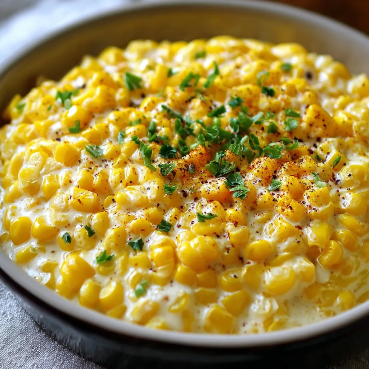 A close‑up of a shallow bowl filled with Cream Corn Recipe : bright yellow corn kernels in a white cream sauce, sprinkled with paprika and finely chopped fresh chives, set on a neutral cloth background.
