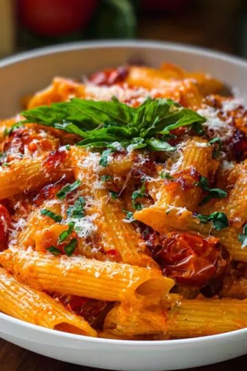 A white bowl heaped with penne pasta in a rich, creamy tomato pasta, garnished with freshly torn basil leaves and a dusting of grated Parmesan. The sauce clings to each pasta piece, with visible bits of tomato and specks of black pepper