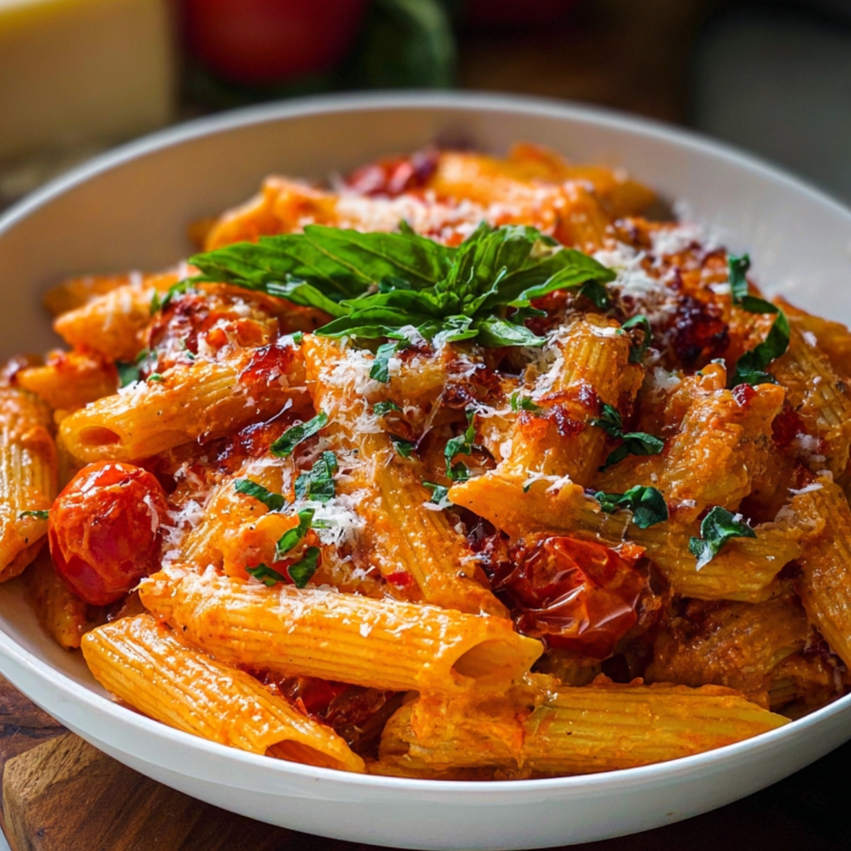A white bowl heaped with penne pasta in a rich, creamy tomato pasta, garnished with freshly torn basil leaves and a dusting of grated Parmesan. The sauce clings to each pasta piece, with visible bits of tomato and specks of black pepper