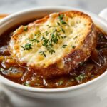 Close-up French onion soup in a white bowl with caramelized onions, toasted bread, melted Gruyère and thyme garnish.