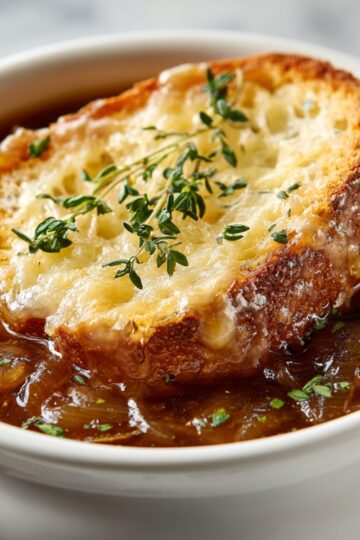 Close-up French onion soup in a white bowl with caramelized onions, toasted bread, melted Gruyère and thyme garnish.