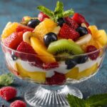 A colorful fruit salad recipe served in a clear glass dessert bowl, layered with fresh kiwi, strawberries, blueberries, mango, raspberries, and yogurt, topped with mint leaves and surrounded by loose berries.