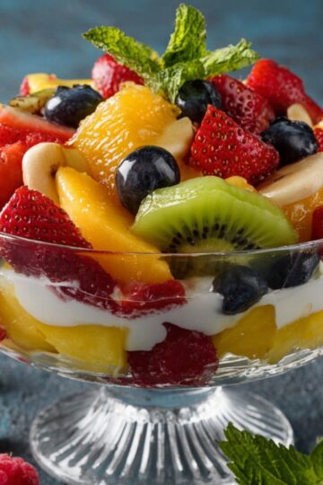A colorful fruit salad recipe served in a clear glass dessert bowl, layered with fresh kiwi, strawberries, blueberries, mango, raspberries, and yogurt, topped with mint leaves and surrounded by loose berries.