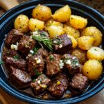 Black dish of garlic steak bites and golden baby potatoes, garnished with herbs and minced garlic on a wooden board.