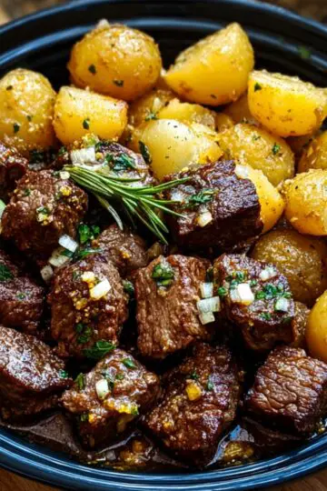 Black dish of garlic steak bites and golden baby potatoes, garnished with herbs and minced garlic on a wooden board.