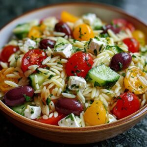 Close‑up of a wooden bowl filled with Greek orzo salad: pearly orzo pasta tossed with halved red and yellow cherry tomatoes, cucumber cubes, pitted Kalamata olives, crumbled feta, and chopped parsley, all glistening with a light lemon‑olive oil dressing