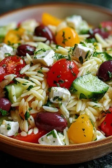 Close‑up of a wooden bowl filled with Greek orzo salad: pearly orzo pasta tossed with halved red and yellow cherry tomatoes, cucumber cubes, pitted Kalamata olives, crumbled feta, and chopped parsley, all glistening with a light lemon‑olive oil dressing