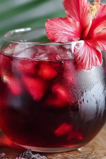 Close‑up of a short clear glass filled with deep red iced hibiscus tea recipe , garnished on top with a fresh red hibiscus flower; blurred greenery and a second glass appear in the background.