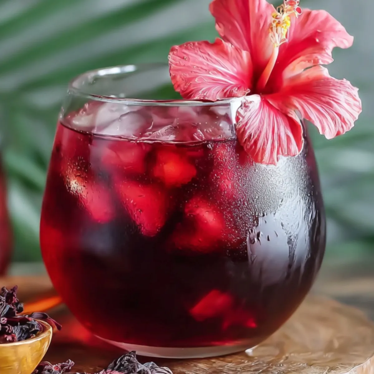 Close‑up of a short clear glass filled with deep red iced hibiscus tea recipe , garnished on top with a fresh red hibiscus flower; blurred greenery and a second glass appear in the background.