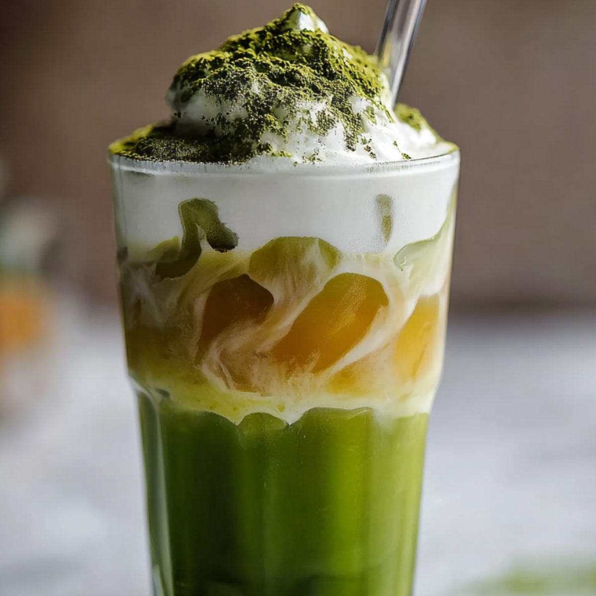 A tall glass of iced matcha latte showcasing a vivid green matcha layer at the bottom, a golden honey swirl in the middle, and frothy white milk foam on top dusted with matcha powder, served with a clear straw.