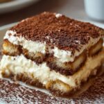 A close‑up of a single square of Italian Tiramisu on a white plate, showing espresso‑soaked ladyfinger layers and a thick mascarpone cream layer, dusted generously with unsweetened cocoa powder over the top and plate rim.