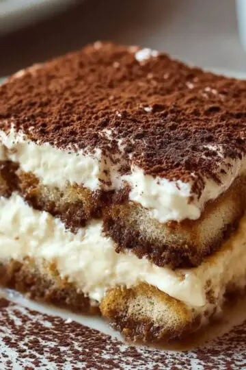 A close‑up of a single square of Italian Tiramisu on a white plate, showing espresso‑soaked ladyfinger layers and a thick mascarpone cream layer, dusted generously with unsweetened cocoa powder over the top and plate rim.