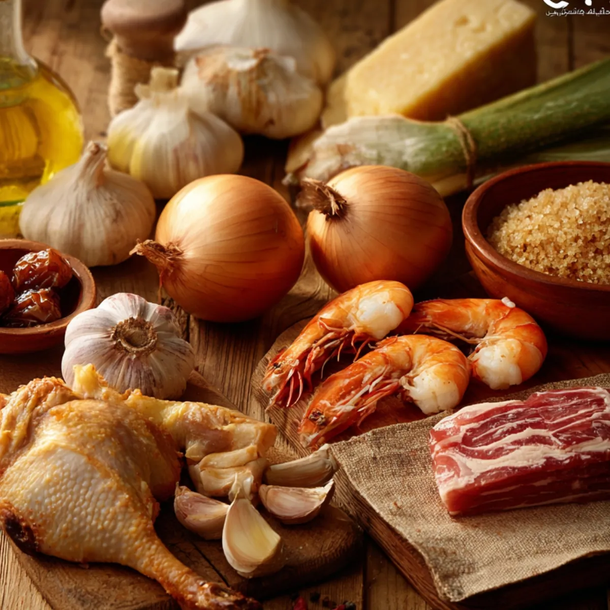 Rustic table spread of jambalaya ingredients on wooden boards: a roasted chicken leg, garlic bulbs and peeled cloves, three peeled shrimp, a slab of smoked pork belly, two whole onions, a bowl of coarse brown sugar, a small bowl of dates, a leek, a wedge of hard cheese, and a carafe of olive oil.
