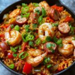 Close‑up of finished jambalaya recipe in a black cast‑iron skillet: fluffy seasoned rice studded with plump shrimp, Andouille sausage rounds, diced red and green bell peppers, and sliced scallions, all coated in a rich reddish‑orange sauce