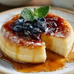 A thick, jiggly Japanese Pancake on a ceramic plate, with a wedge cut out to reveal its airy interior, generously drizzled in amber syrup and crowned with a cluster of glossy fresh blueberries and a bright green mint sprig.