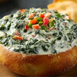 Close‑up of a sourdough bread bowl filled with creamy Knorr Spinach Dip Recipe, garnished with diced red bell pepper and green onions, with tortilla chips visible in the background.