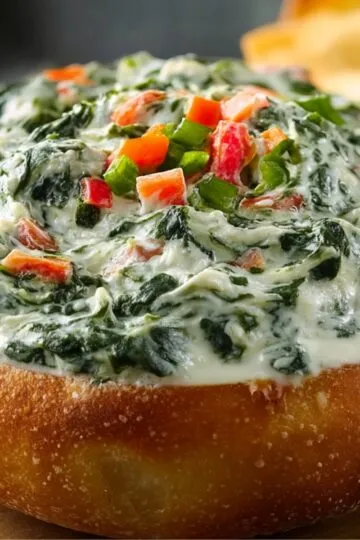 Close‑up of a sourdough bread bowl filled with creamy Knorr Spinach Dip Recipe, garnished with diced red bell pepper and green onions, with tortilla chips visible in the background.