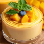 Close‑up of a glass serving dish filled with silky mango mousse, topped with cubed mango pieces, a single blueberry, and a fresh mint sprig, set against a blurred background of additional mango cubes.