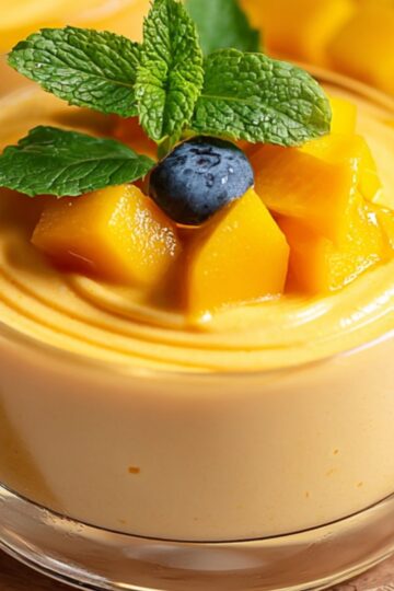 Close‑up of a glass serving dish filled with silky mango mousse, topped with cubed mango pieces, a single blueberry, and a fresh mint sprig, set against a blurred background of additional mango cubes.