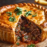 Close‑up of a slice removed from a glossy golden meat pie recipe garnished with parsley, showing rich beef and vegetable filling on a wooden board