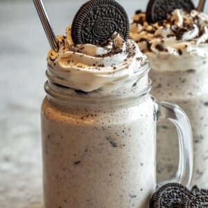 Two tall Oreo milkshakes Recipe in clear glasses, each topped with whipped cream, a whole Oreo cookie, and drizzled chocolate syrup, with scattered cookie crumbs and syrup splashes on the surface beneath, set against a warm peach‑pink backdrop.