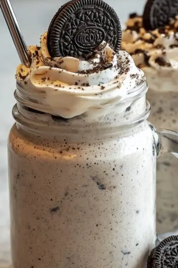 Two tall Oreo milkshakes Recipe in clear glasses, each topped with whipped cream, a whole Oreo cookie, and drizzled chocolate syrup, with scattered cookie crumbs and syrup splashes on the surface beneath, set against a warm peach‑pink backdrop.