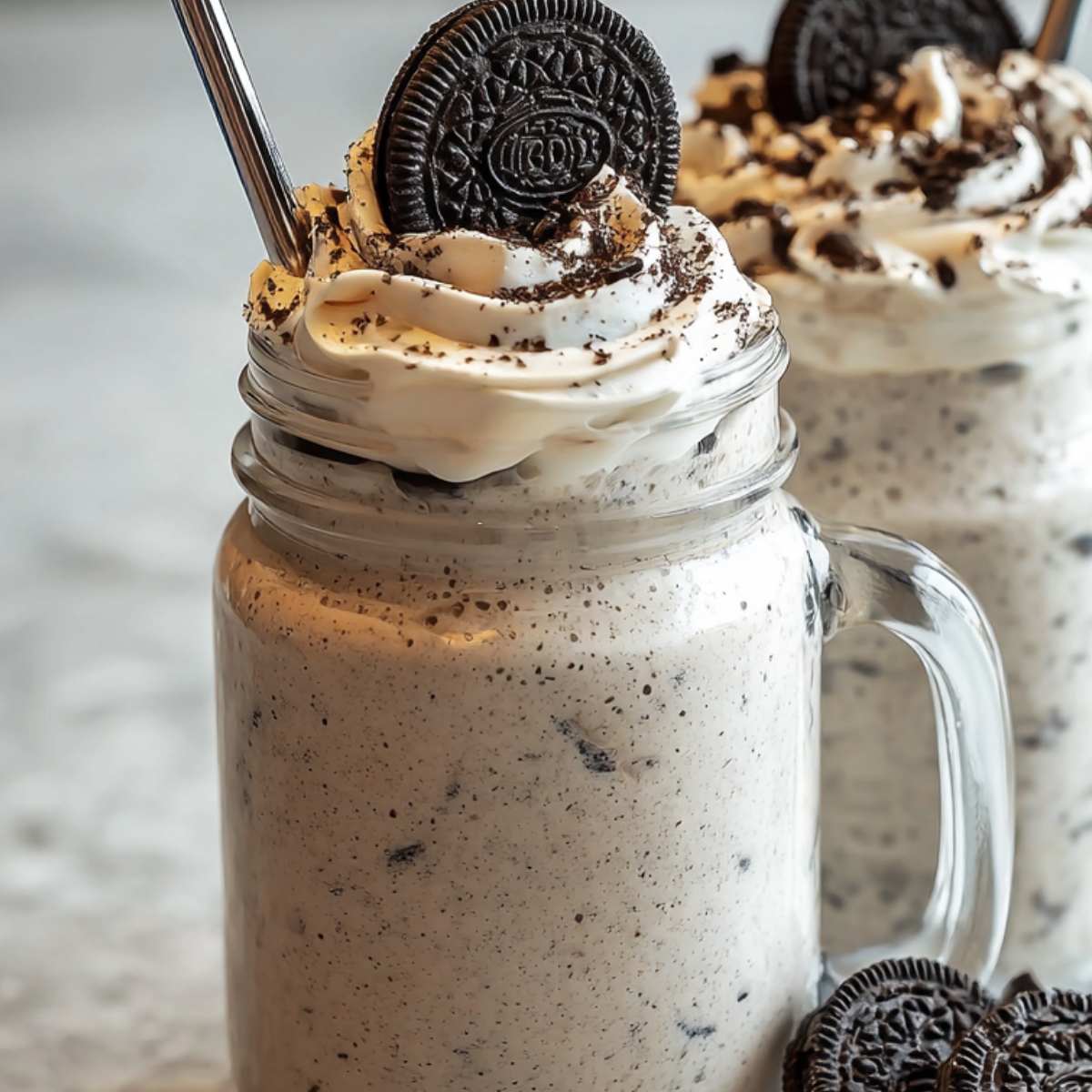 Two tall Oreo milkshakes Recipe in clear glasses, each topped with whipped cream, a whole Oreo cookie, and drizzled chocolate syrup, with scattered cookie crumbs and syrup splashes on the surface beneath, set against a warm peach‑pink backdrop.