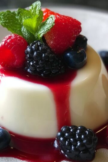 A creamy white panna cotta recipe unmolded on a white plate, drizzled with vivid red berry sauce that pools at its base. The top is crowned with a cluster of raspberries, blackberries, and blueberries, and finished with a sprig of vibrant green mint.