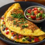 Folded golden omelette recipe on a black plate, filled with melted cheese, black beans, diced tomatoes, and avocado, garnished with chopped parsley and served alongside a small bowl of fresh pico de gallo.