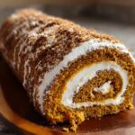 Close-up pumpkin roll recipe with a spiral of cream cheese filling and crumb coating, set on a wooden platter.