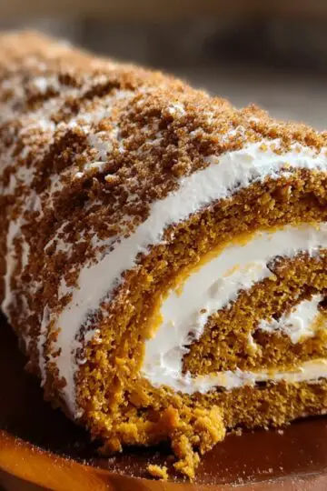 Close-up pumpkin roll recipe with a spiral of cream cheese filling and crumb coating, set on a wooden platter.