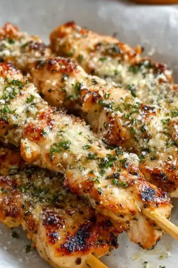 Close‑up of three Ranch Garlic Parmesan Chicken Skewers on parchment paper, each piece of chicken coated in a golden‑brown crust of Parmesan cheese and herbs, with flecks of chopped parsley and a light char for a smoky finish