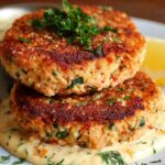 Two golden‑brown Salmon Patties Recipe stacked on a white plate, resting atop a pool of creamy dill‑lemon sauce. The cakes are crisp‑edged and speckled with green parsley, with a bright lemon wedge tucked behind and fresh dill sprigs scattered around.