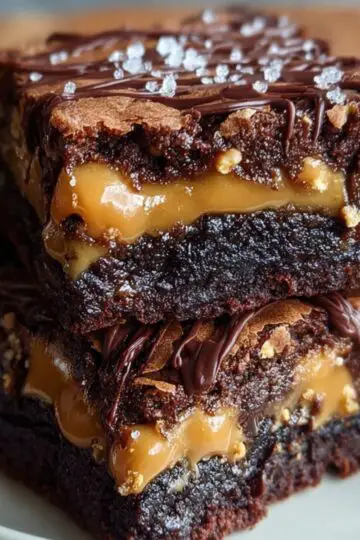 Two rich, fudgy Snickers Brownies squares layered with gooey caramel and chopped peanuts, drizzled with melted chocolate and sprinkled with sea salt, presented on a light-colored plate.