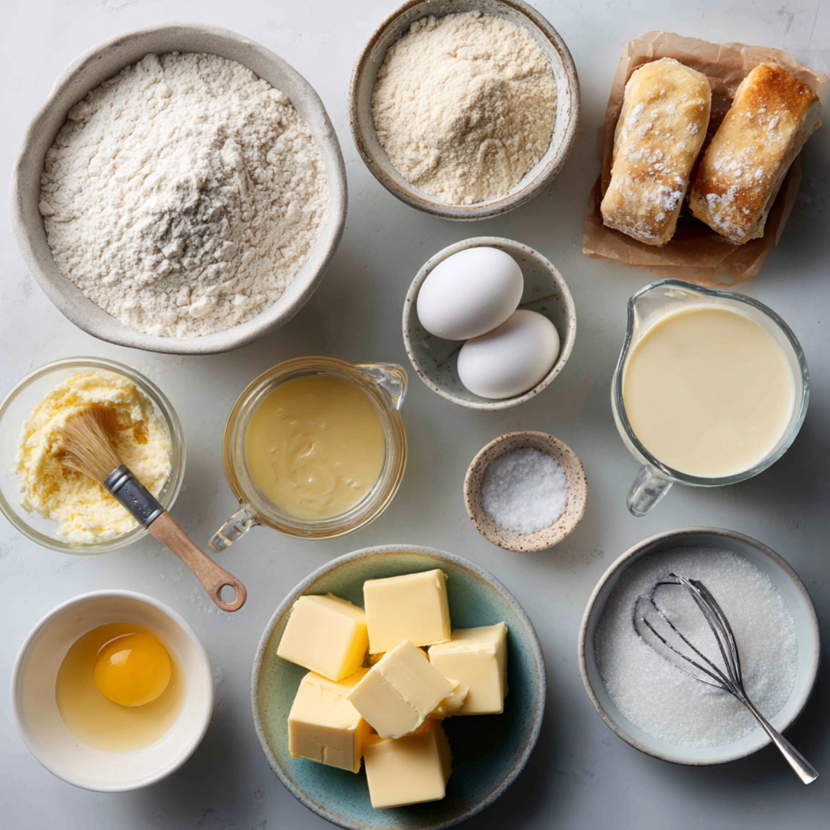 Overhead shot of bread roll ingredients: flour, yeast, warm milk, butter cubes, eggs, sugar, salt, egg wash and pastry brush.