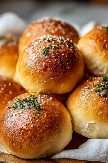 Basket of golden, shiny Bread Rolls Recipe sprinkled with coarse salt and herbs, resting on a white cloth.