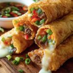 Crispy fried spring roll recipe filled with colorful vegetables, shredded beef, and melted cheese, served with a soy-based dipping sauce garnished with green onions and red chili slices.