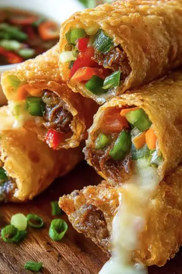 Crispy fried spring roll recipe filled with colorful vegetables, shredded beef, and melted cheese, served with a soy-based dipping sauce garnished with green onions and red chili slices.