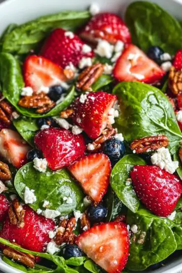 A white bowl filled with fresh baby spinach leaves, halved ripe Strawberry Spinach Salad, crumbled feta cheese, candied pecans, and a few blueberries, all lightly coated in vinaigrette.