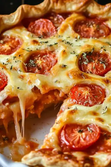 A close‑up view of a baked tomato pie in a white ceramic dish with one wedge removed: the flaky golden crust holds layers of juicy tomato slices and melted cheese that stretches as the slice is lifted, and the top is sprinkled with fresh herbs.