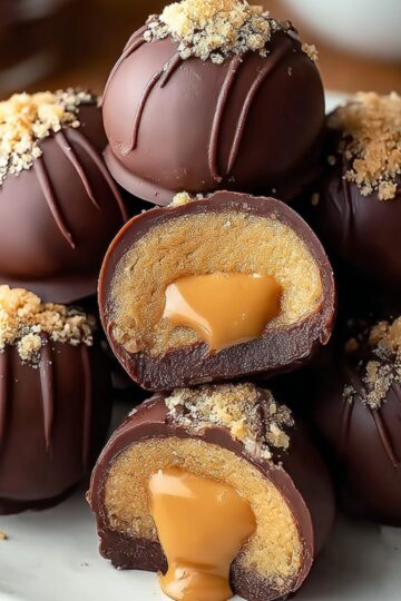 A stack of rich, homemade buckeyes recipe truffles with glossy dark chocolate coating, topped with crushed cookie crumbs. The center of one cut-open truffle reveals a smooth peanut butter filling surrounded by chocolate. The caramel-like center is soft and gooey, highlighting the decadent texture.