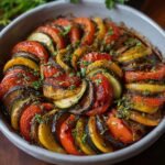 A classic French ratatouille recipe dish made with thinly sliced zucchini, tomatoes, eggplant, and yellow squash arranged in a spiral pattern in a round baking dish, garnished with fresh herbs like parsley.