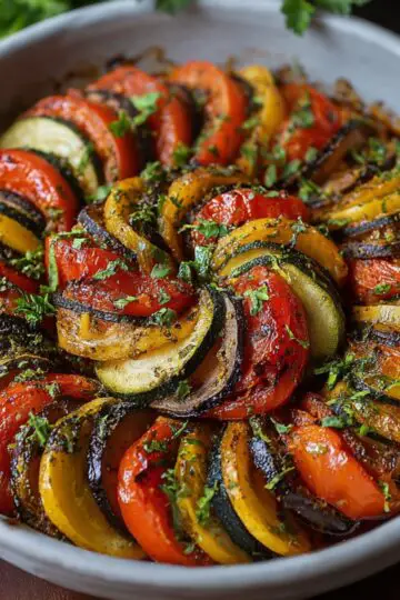 A classic French ratatouille recipe dish made with thinly sliced zucchini, tomatoes, eggplant, and yellow squash arranged in a spiral pattern in a round baking dish, garnished with fresh herbs like parsley.
