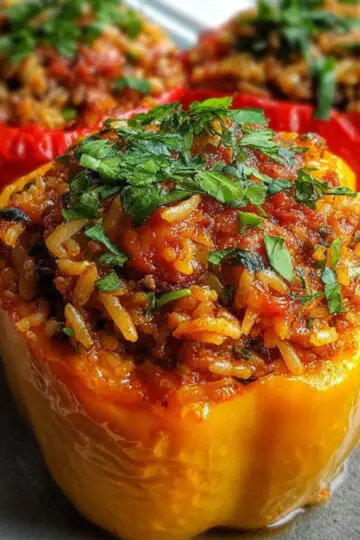 Three colorful stuffed bell peppers (yellow and red) on a plate, each filled with a savory rice and tomato mixture and garnished with chopped fresh herbs.