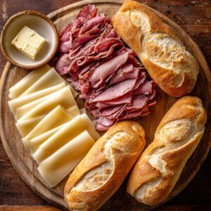 “Flat-lay on a round wooden board showing three small toasted French rolls, a neat fan of provolone cheese slices, a generous mound of thinly sliced roast beef, and a small ceramic bowl holding a pat of butter—each ingredient placed to highlight its texture and color against the warm wood grain.