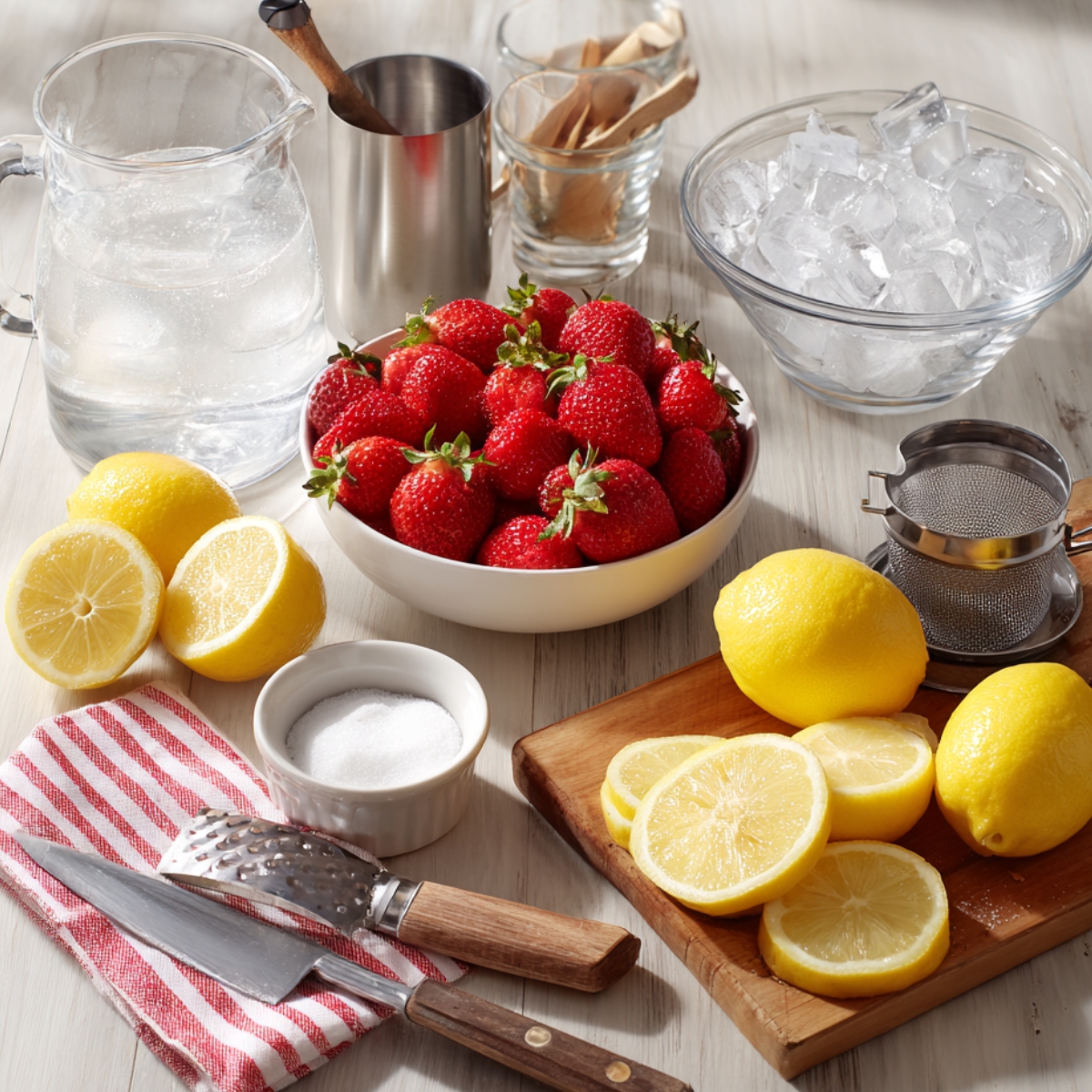 Strawberries, lemons, sugar, water, ice, and kitchen tools neatly arranged on a wooden surface, ready to make strawberry lemonade.