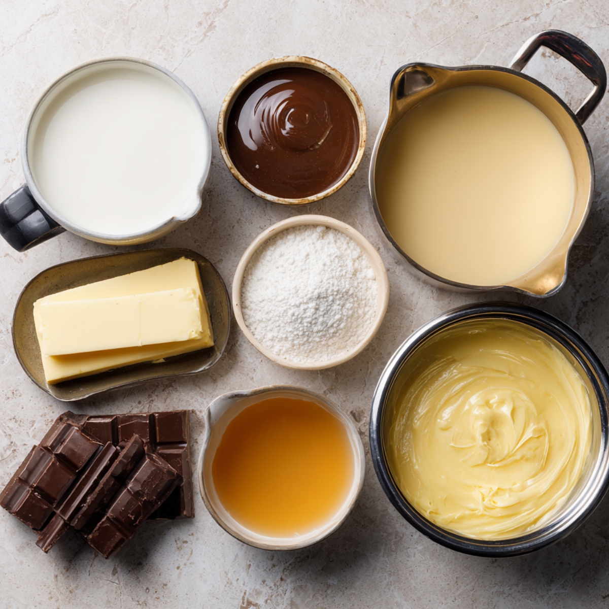 Overhead shot of a marble countertop with custard‑making ingredients in various vessels: a metal pitcher of pale yellow custard, a ceramic pitcher of whole milk, a small bowl of chocolate ganache, a butter pat on a dish, a bowl of powdered sugar, a glass bowl of orange‑tinted vanilla extract, and a metal bowl of thick pastry cream