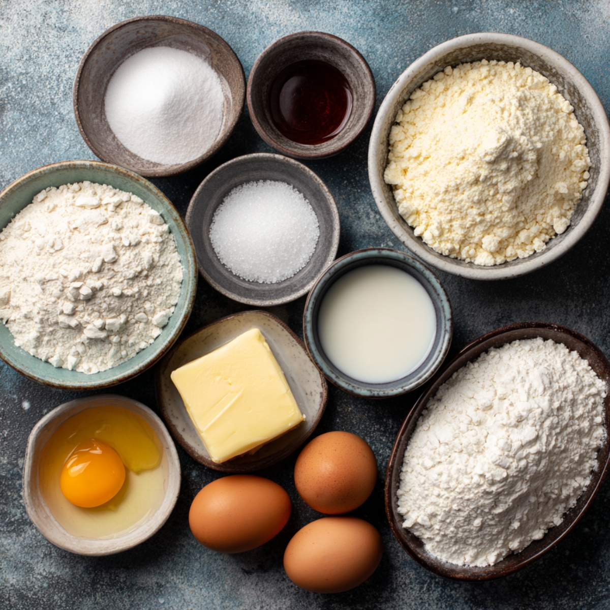 Top‑down view of a dark surface with baking mise en place: two bowls of all‑purpose flour, a bowl of cake flour, a small bowl of granulated sugar, a small bowl of fine salt, three brown eggs (one cracked in a bowl), a stick of butter on a dish, and a bowl of milk all arranged around a large bowl