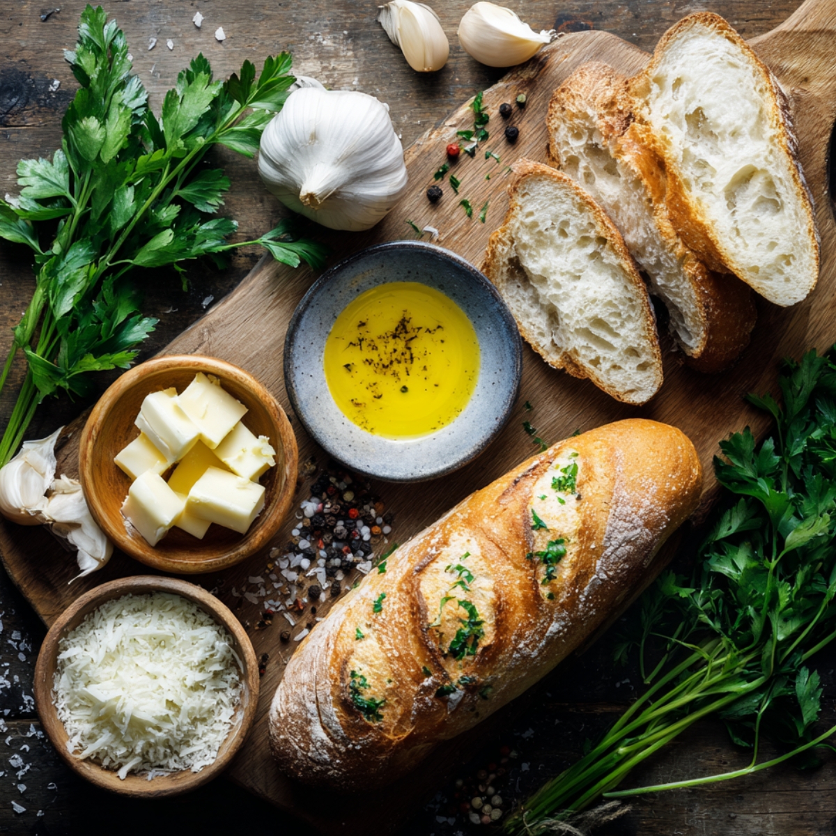 “An overhead, close-up view of a weathered wooden cutting board bearing a freshly baked French baguette and an Italian loaf—each loaf irregularly sliced to reveal its airy crumb—alongside a small wooden bowl of unsalted butter cubes, scattered peeled garlic cloves, a shallow ceramic dish of golden olive oil flecked with cracked black pepper, bright green parsley sprigs draped around the board, a small heap of finely grated Parmesan cheese, and a few coarse sea-salt crystals, all illuminated by soft natural daylight that accentuates the rustic textures of the wood, crust, and herbs.”