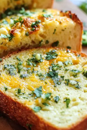 “A tight, close-up shot of two thick slices of homemade Garlic Bread Recipe with a perfectly crisp, golden-brown crust and a soft, spongy interior, generously topped with bubbling melted mozzarella and grated Parmesan cheese, dotted with minced garlic and finely chopped parsley, with a softly blurred background showing extra bread slices and thin jalapeño rounds, all bathed in warm natural light that highlights the glossy garlic-butter and the vibrant green of the herbs.